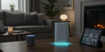 Modern mesh Wi-Fi system in a smart home setting, ensuring robust connectivity for multiple devices.