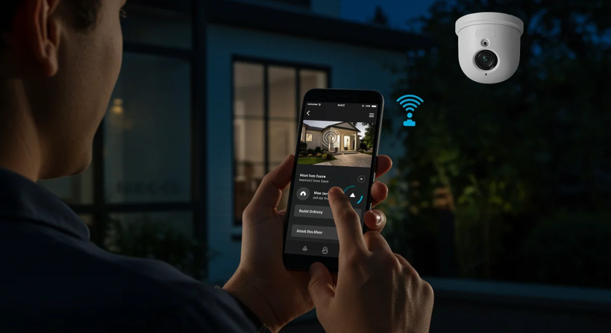 Homeowner checking smart security camera feed on smartphone.