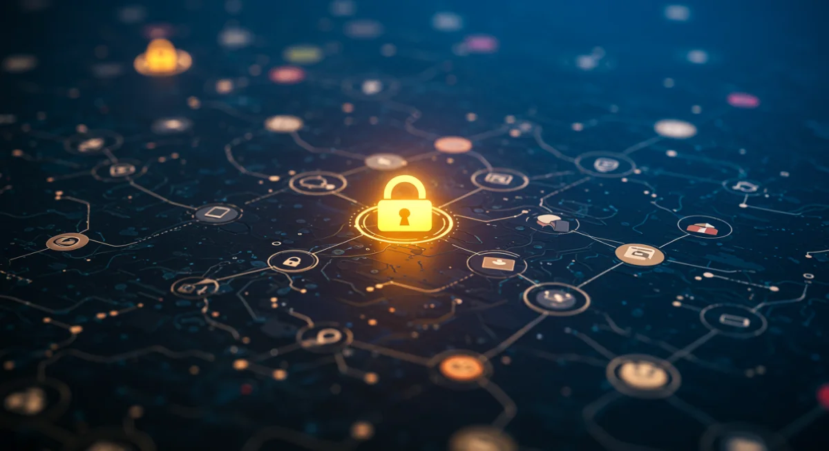 Complex digital supply chain network with security lock.