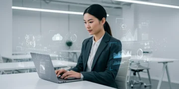 Professional analyzing data on a futuristic laptop, surrounded by tech certification logos.