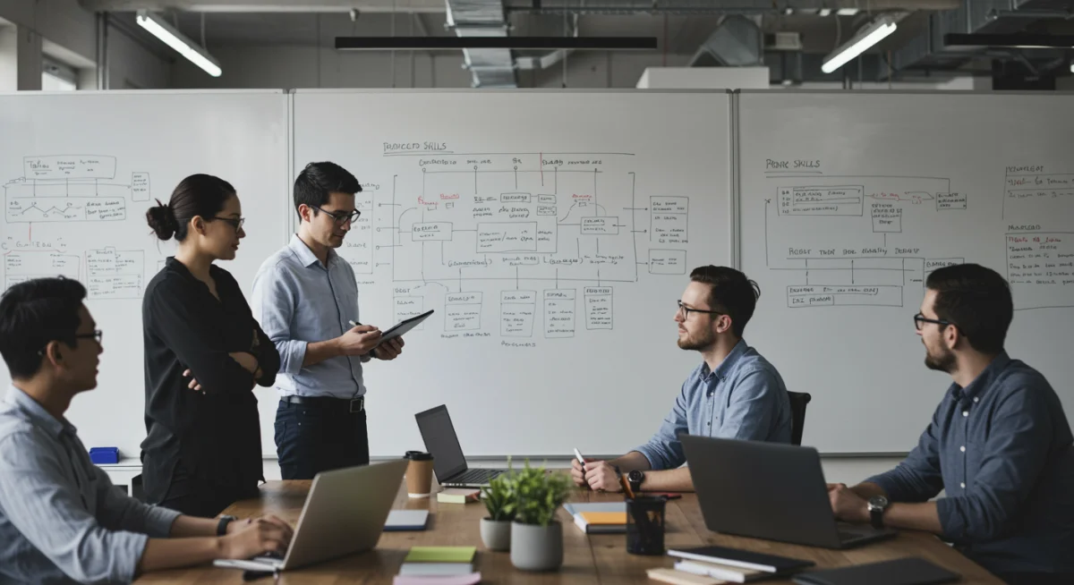 Diverse tech team collaborating in modern office, highlighting relevant skills and projects.