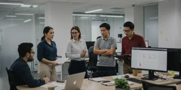 Diverse tech team collaborating on a project, showcasing strong soft skills
