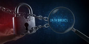 Illustration of a broken digital lock with binary code, representing undetected data breaches and security vulnerabilities.