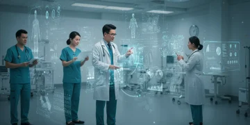 AI-powered healthcare in a modern US hospital, showcasing advanced diagnostics and personalized treatment plans for improved patient care.