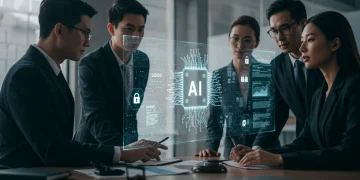 Business professionals analyzing complex AI regulations for compliance in 2026
