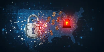 Shattered digital lock symbolizing a data breach with flying dollar signs and a US map in the background