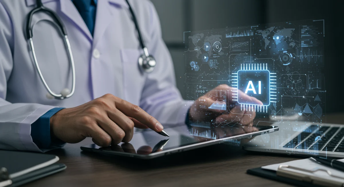 Doctor using AI insights on a tablet for enhanced medical decision-making and personalized patient treatment.