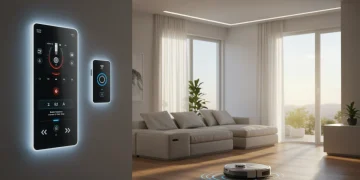 Futuristic smart home interior with integrated technology and ambient lighting.