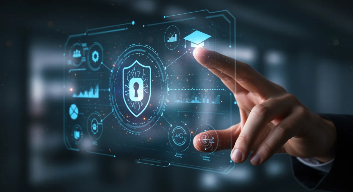 Hand interacting with holographic display showing data analytics and cybersecurity, symbolizing advanced tech skills.