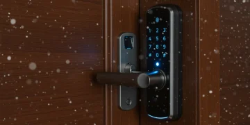 Modern smart lock on a wooden door with falling snow, symbolizing winter security