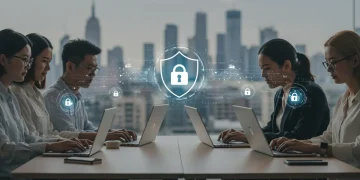 Secure remote work setup with digital shield protecting employees