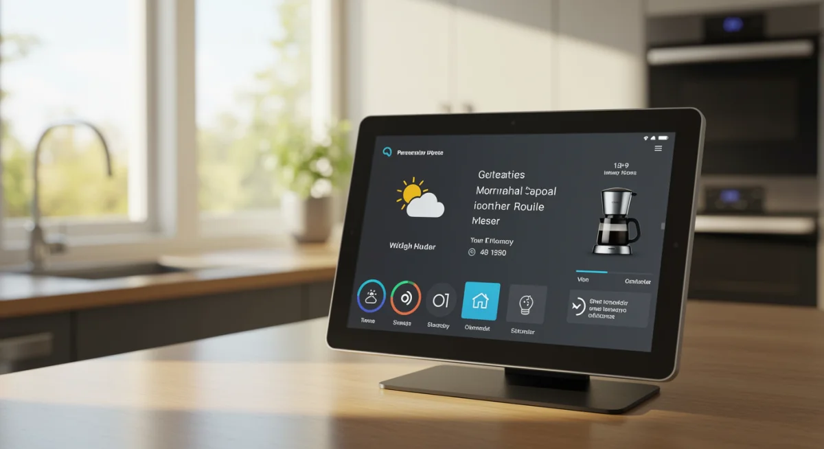 Smart display showing a personalized morning routine in a modern kitchen.