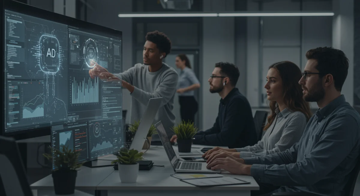 Tech professionals collaborating with AI tools in new roles