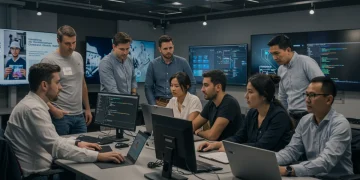 Professionals learning tech skills, collaborating in a modern workshop setting in the US, highlighting future career growth.