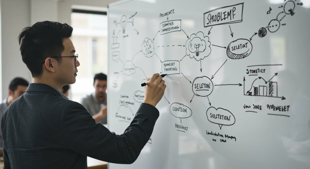 Tech leader actively brainstorming solutions on a whiteboard, demonstrating critical thinking.