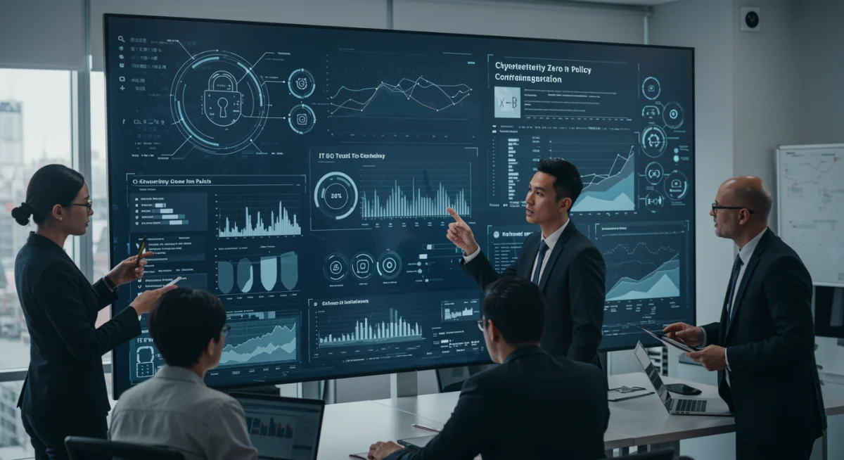 Cybersecurity team collaborating on Zero Trust policy and security metrics.