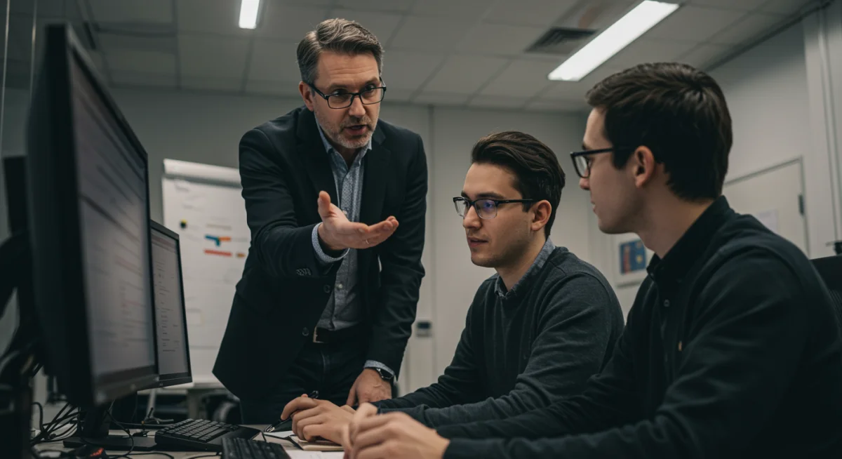 Tech leader mentoring team member, emphasizing empathy and effective communication.