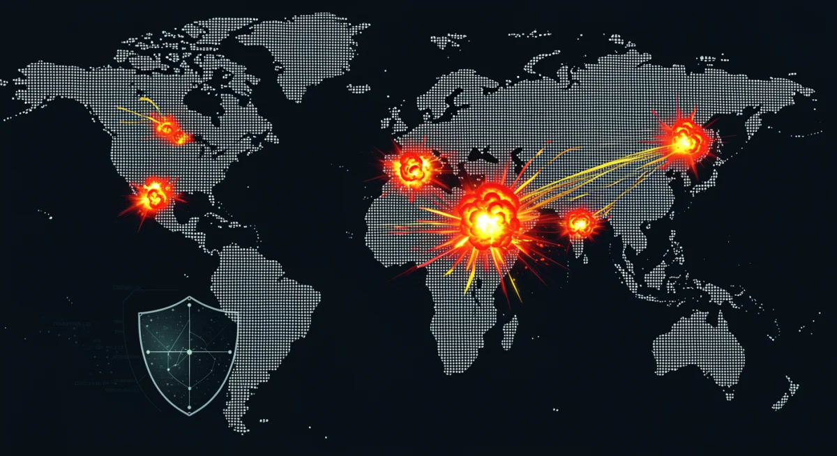 Digital world map with highlighted regions signifying geopolitical cyber warfare and data attacks.