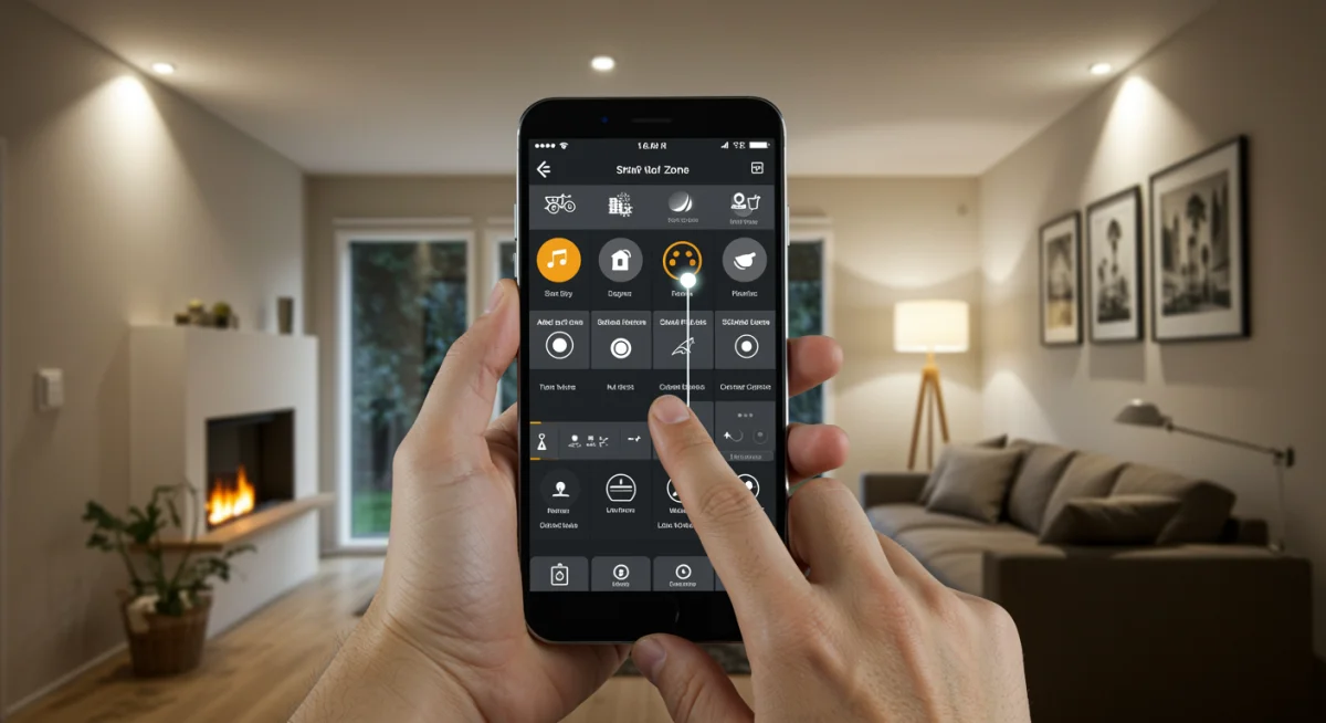 Homeowner controlling smart lighting security via smartphone app