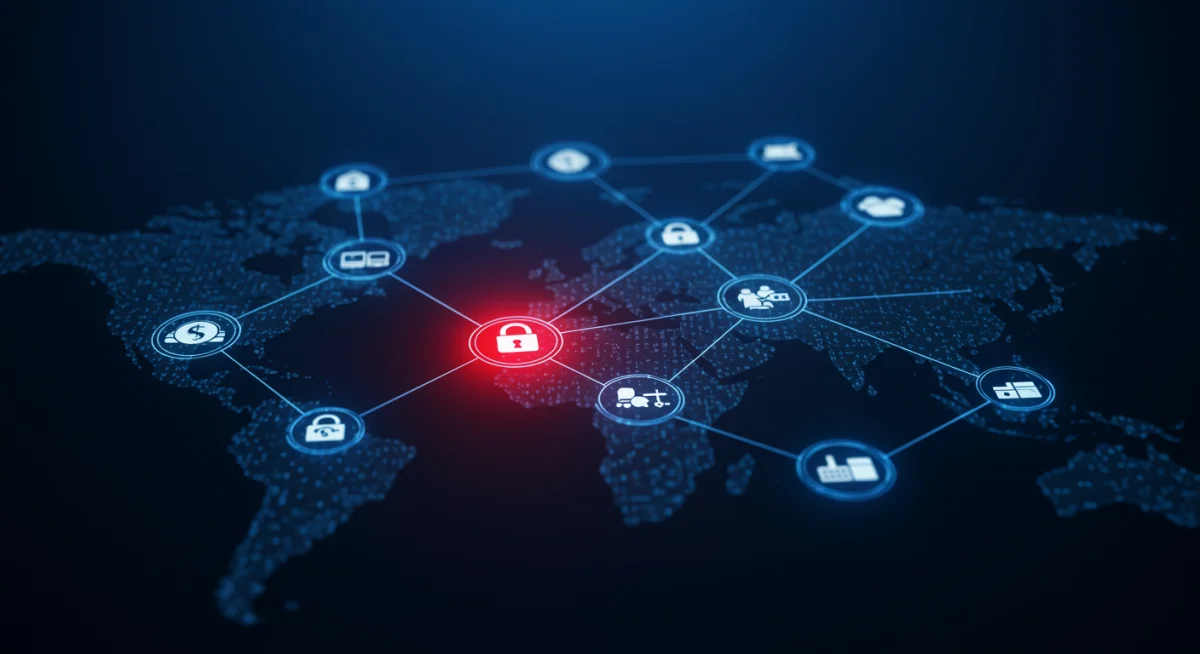 Interconnected digital supply chain network showing a vulnerable link under a cyber threat.